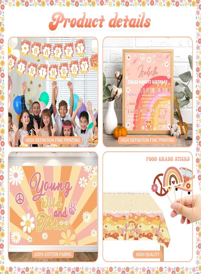 Fiesec Young Wild and Three Decorations Girl, 122 PCs Groovy Boho Daisy Hippie 3rd Birthday Party Decorations Backdrop Balloon Garland Banner Tablecloth Cake Cupcake Topper Headband Poster Retro Pink - Image 3